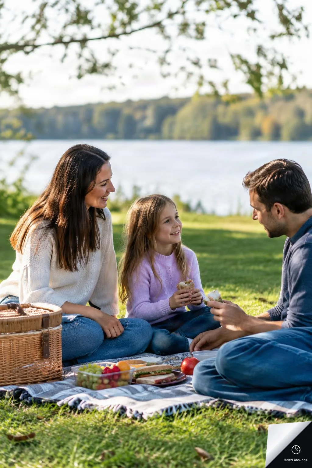 Mother, father, and young daughter sitting on a picnic blanket on grass near a lake, smiling and eating sandwiches with a picnic basket and fruit in the foreground.