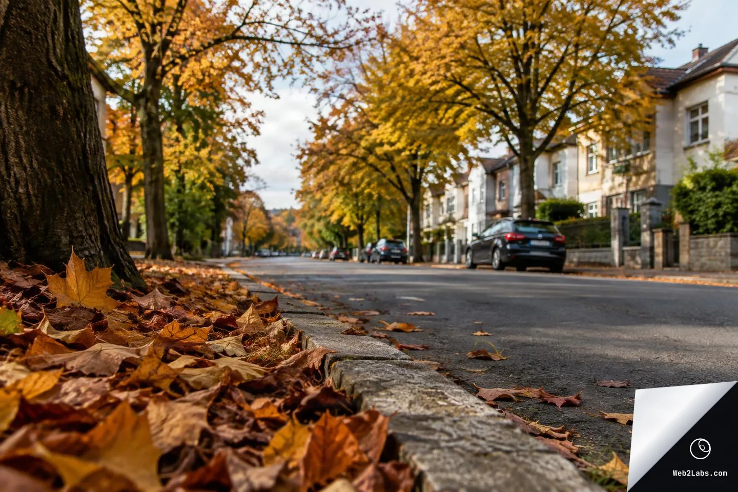 Low-angle photo of fallen autumn leaves along a curb leading down a quiet residential street with yellow-orange trees, parked cars, and houses in the background.