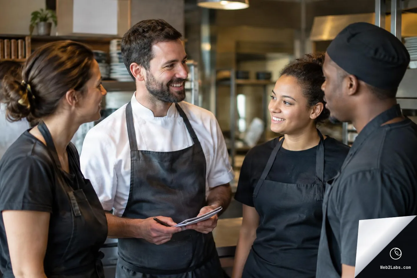 Four restaurant staff members in aprons talk together in a commercial kitchen while one holds a notepad, all smiling and engaged in conversation.