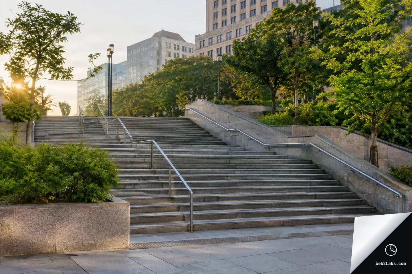Broad concrete stairway with metal handrails in a landscaped urban plaza, trees and shrubs on both sides, and tall office buildings in the background under warm morning or evening light.