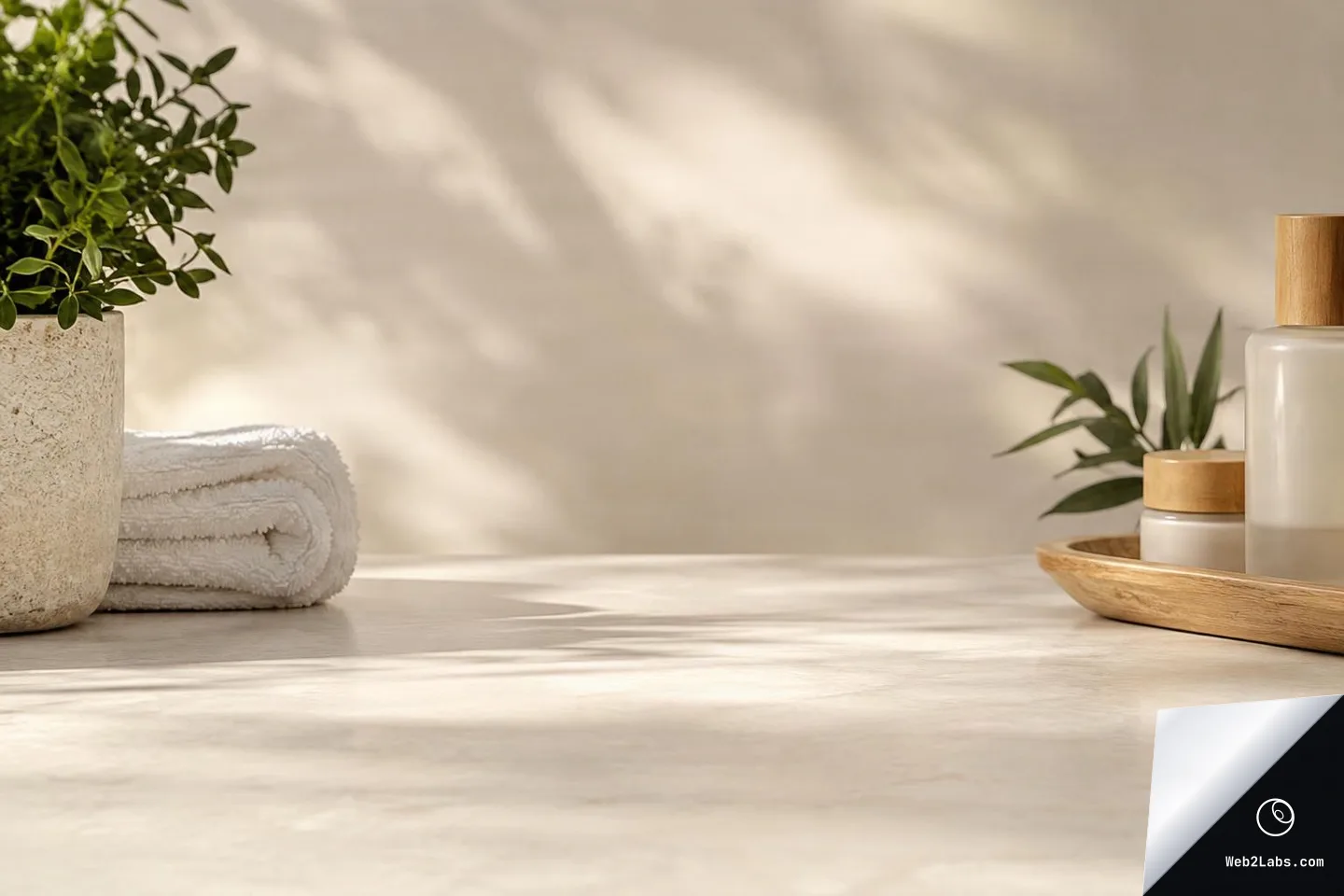 Minimal bathroom-style countertop with a folded white towel on the left, a potted plant, and unlabeled skincare bottles and jars on a wooden tray at the right, with soft sunlight shadows on a beige wall.