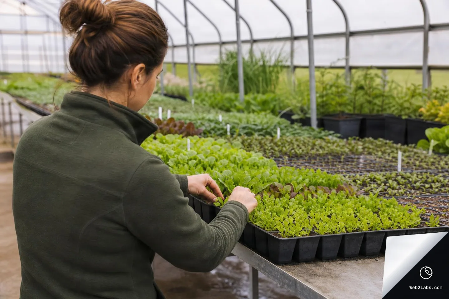 Over-the-shoulder view of a person in a greenhouse gently handling trays of small green seedlings on a work table, with rows of plants and pots in the background.