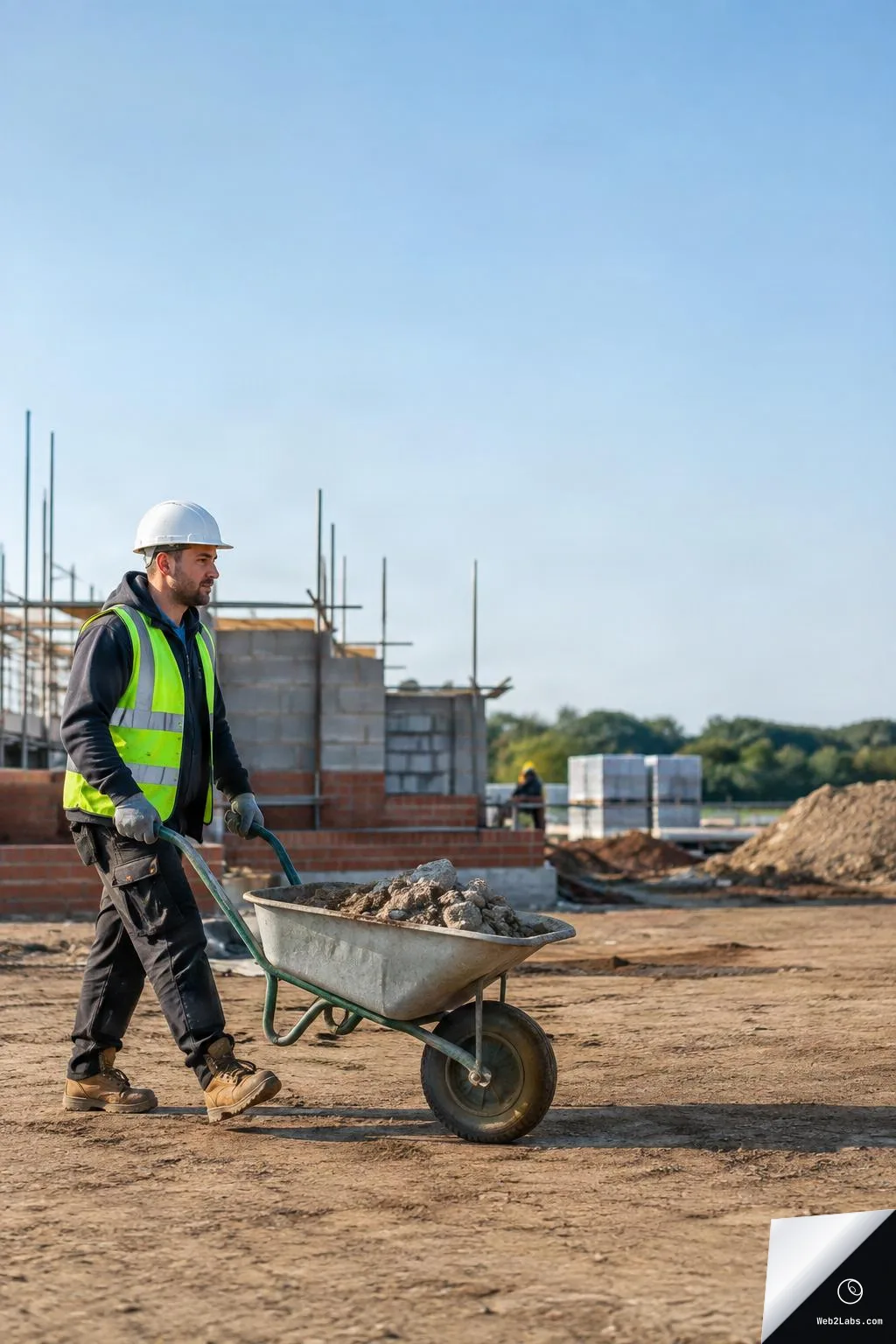 A construction worker wearing a white hard hat and reflective vest pushes a wheelbarrow full of rubble across a dirt building site, with unfinished masonry and materials in the background and open sky on the right.