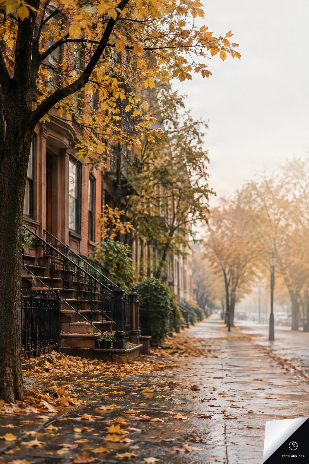 A misty autumn city sidewalk beside brownstone buildings, with a large tree of yellow leaves and fallen leaves on wet pavement, fading into the distance on the right.