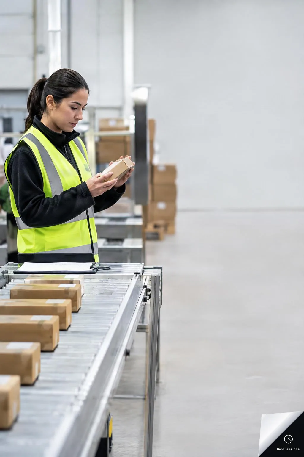 Warehouse employee in a high-visibility vest inspecting a small cardboard box next to a conveyor belt with multiple parcels, with large empty space on the right.