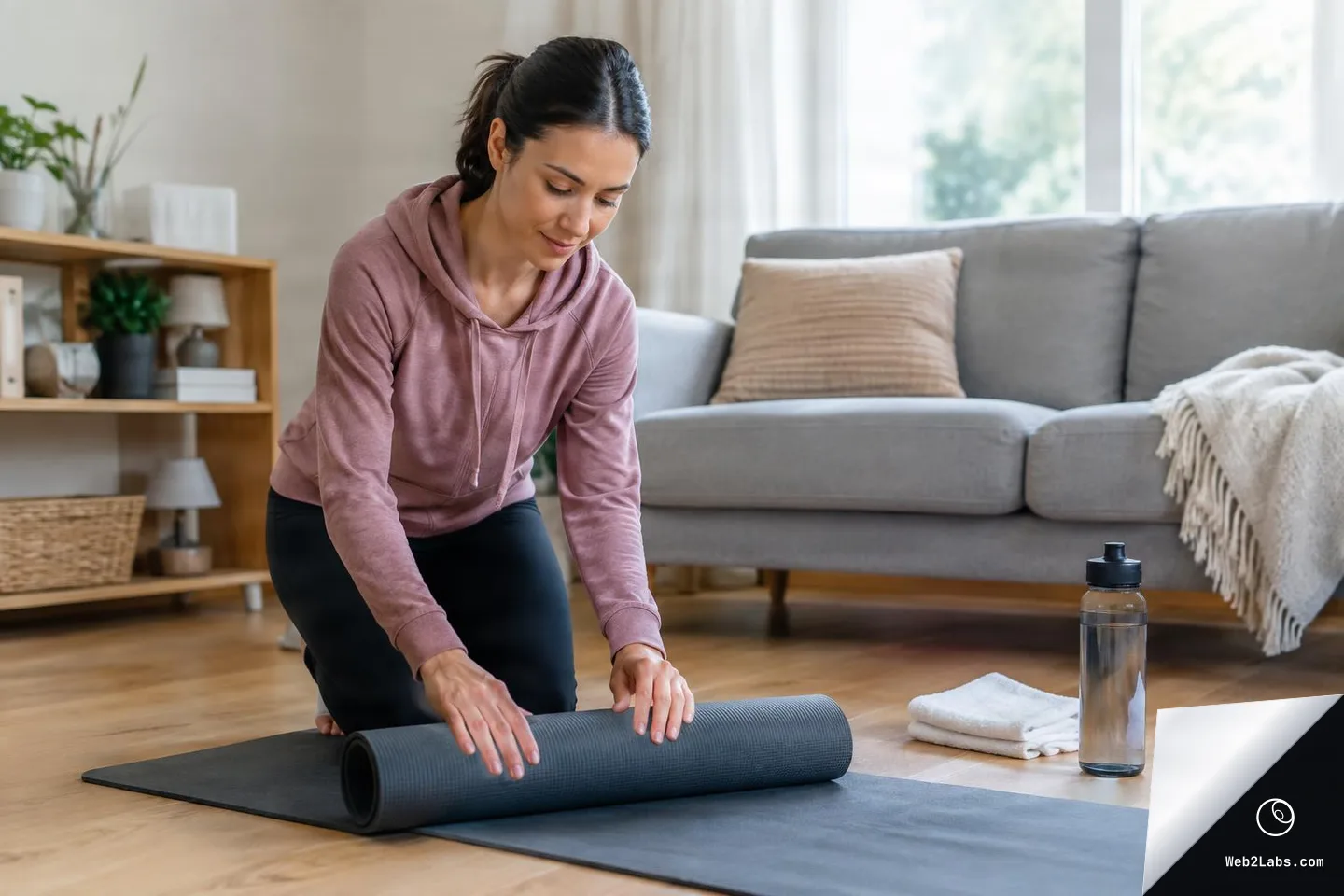 Woman kneeling on a wooden floor unrolling a yoga mat in a living room, with a water bottle and folded towels nearby and a sofa in the background.