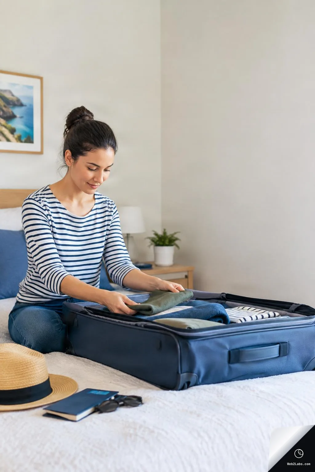 A woman sits on a bed packing folded clothes into an open blue suitcase, with a straw hat, passport, sunglasses, and phone on the bed and empty wall space on the right.