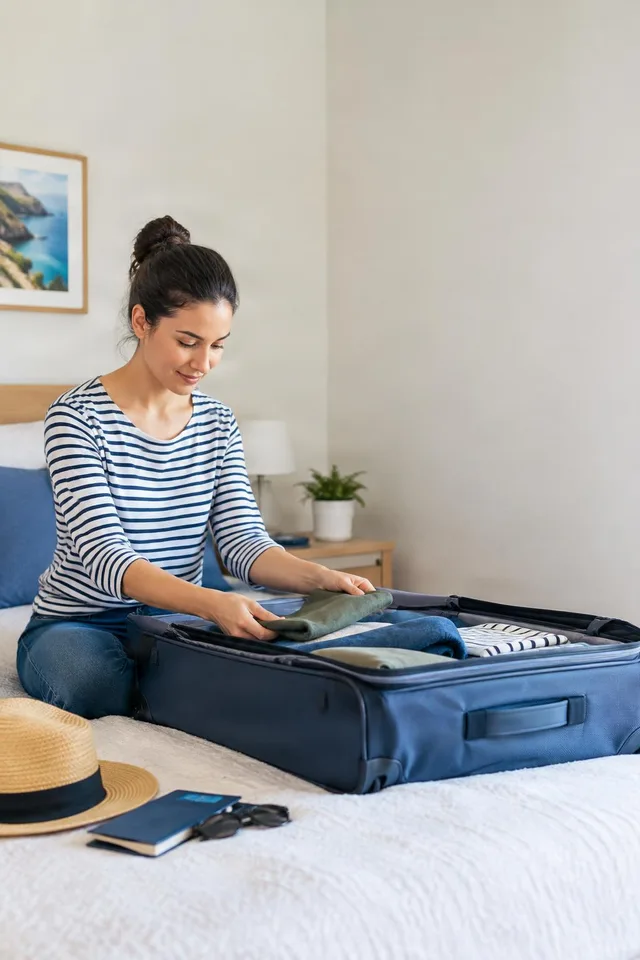 Woman Packing Suitcase on Bed