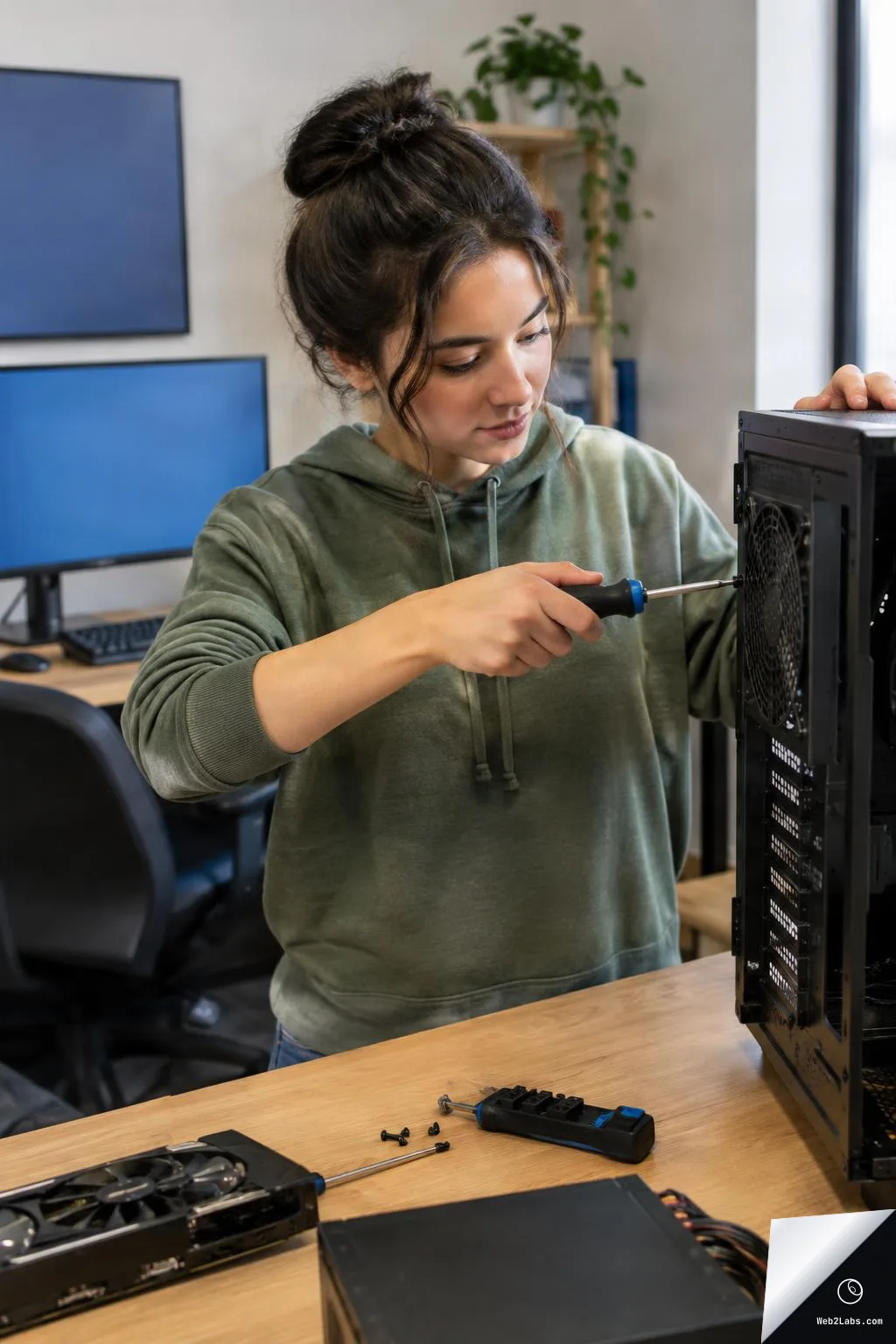 Woman in a green hoodie uses a screwdriver on the back of a desktop PC tower on a wooden desk, with loose screws and PC parts on the table and two blank monitors in the background.