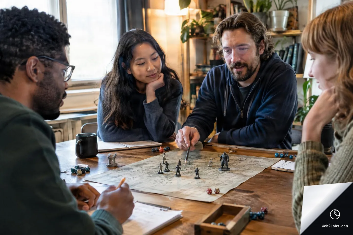 Four adults sit around a wooden table during a tabletop roleplaying game, looking at a large paper battle map with miniatures and dice while one person points at the map.