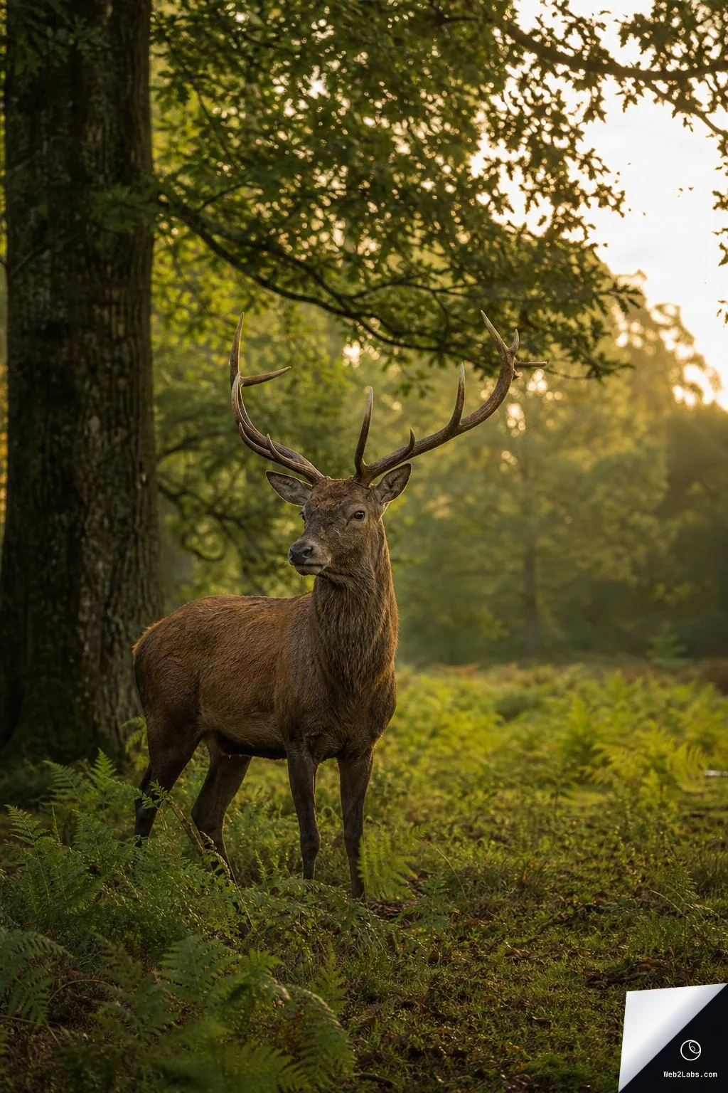 A red deer stag with large antlers stands in a green woodland clearing with ferns, lit by warm sunrise or sunset light filtering through trees.