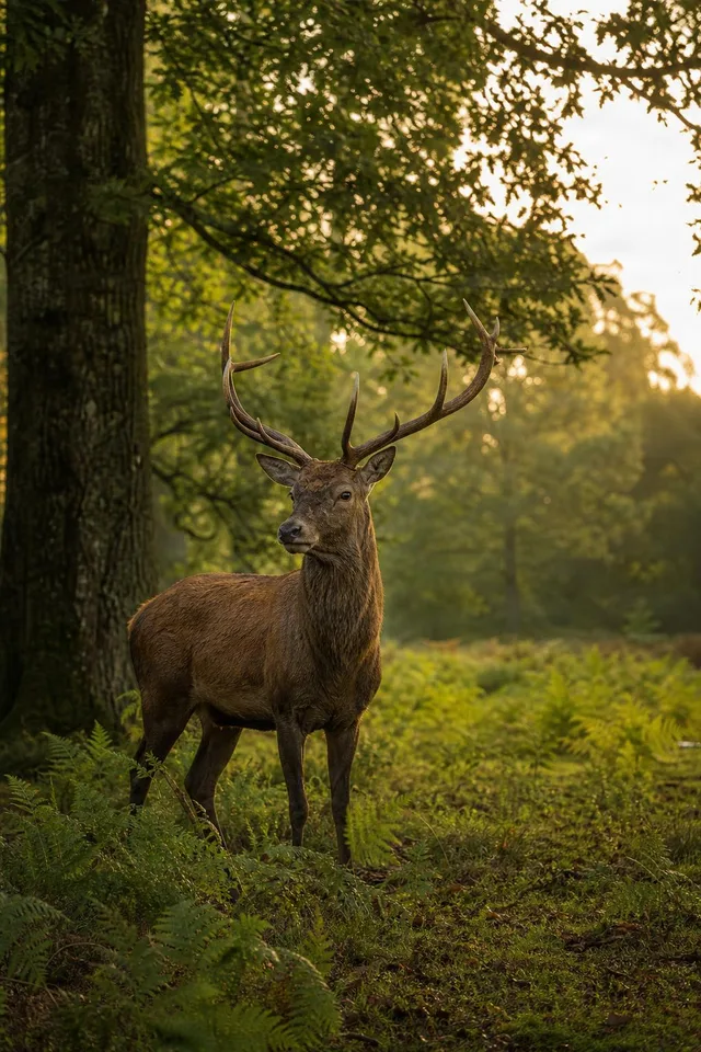 Red Deer Stag in Sunlit Woodland