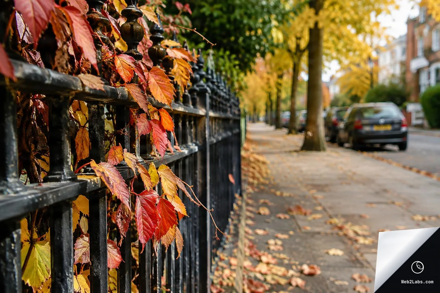 Close-up of red and yellow autumn leaves on a black iron fence along a sidewalk, with a tree-lined street and parked cars blurred in the background.