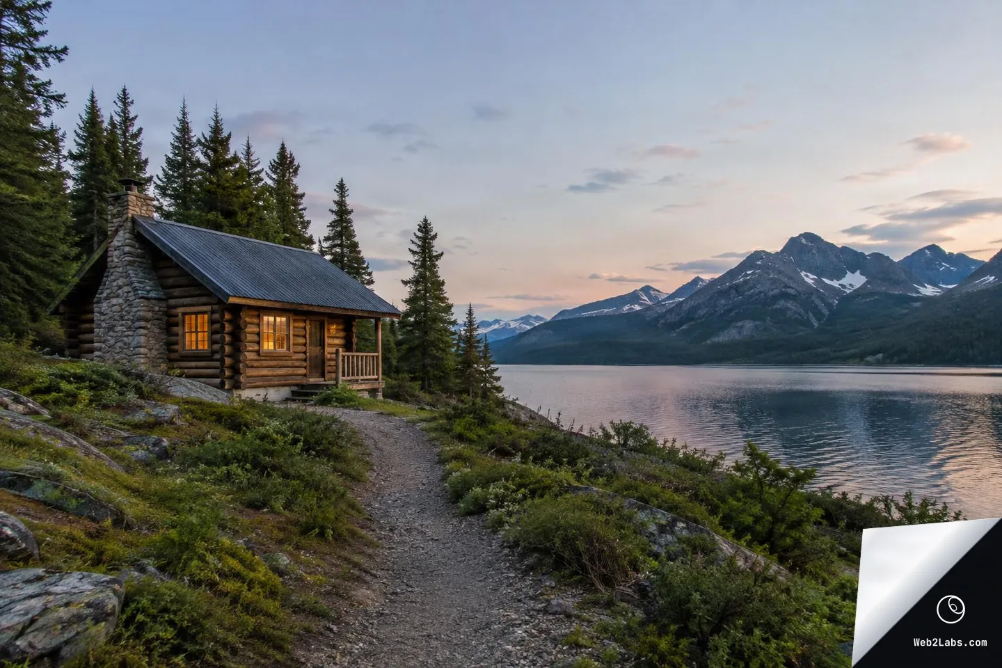 Log cabin with lit windows beside a rocky trail on a lakeshore, with evergreen trees and distant snow-dusted mountains under a pastel dusk sky.