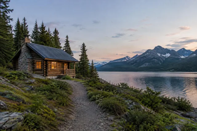 Lakeside Log Cabin at Dusk