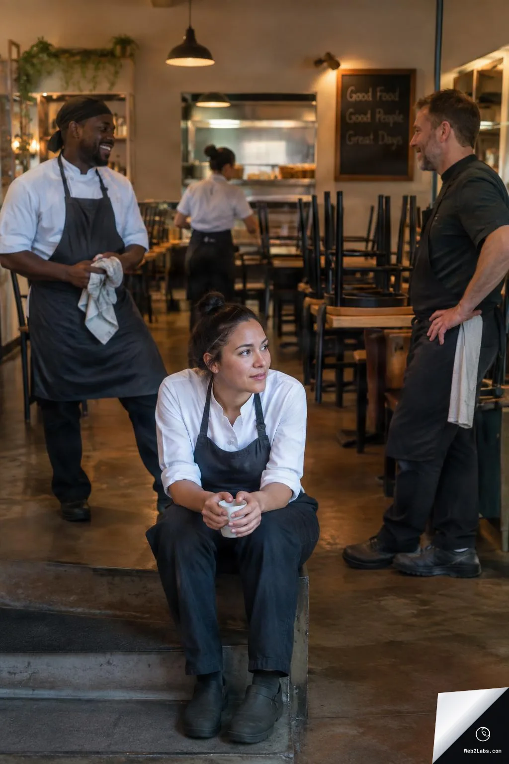 A restaurant worker sits on steps holding a mug while two coworkers chat nearby and another staff member tidies up in the background, with chairs stacked on tables for closing time.