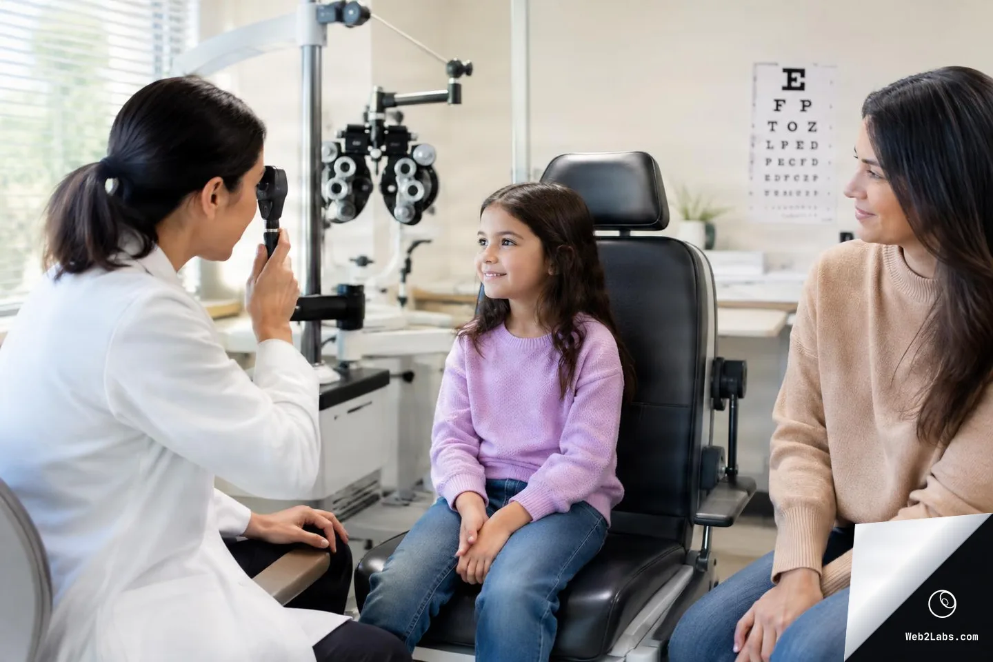 Eye doctor in a white coat examines a smiling young girl seated in an exam chair while her mother watches in an optometry clinic with an eye chart and diagnostic equipment in the background.