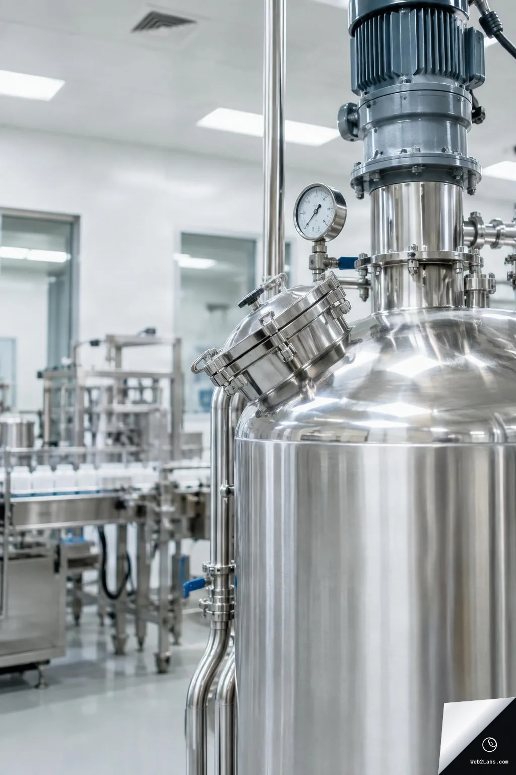 Close-up of a stainless-steel industrial tank with a pressure gauge and connected piping in a bright clean manufacturing facility, with blurred production equipment in the background.