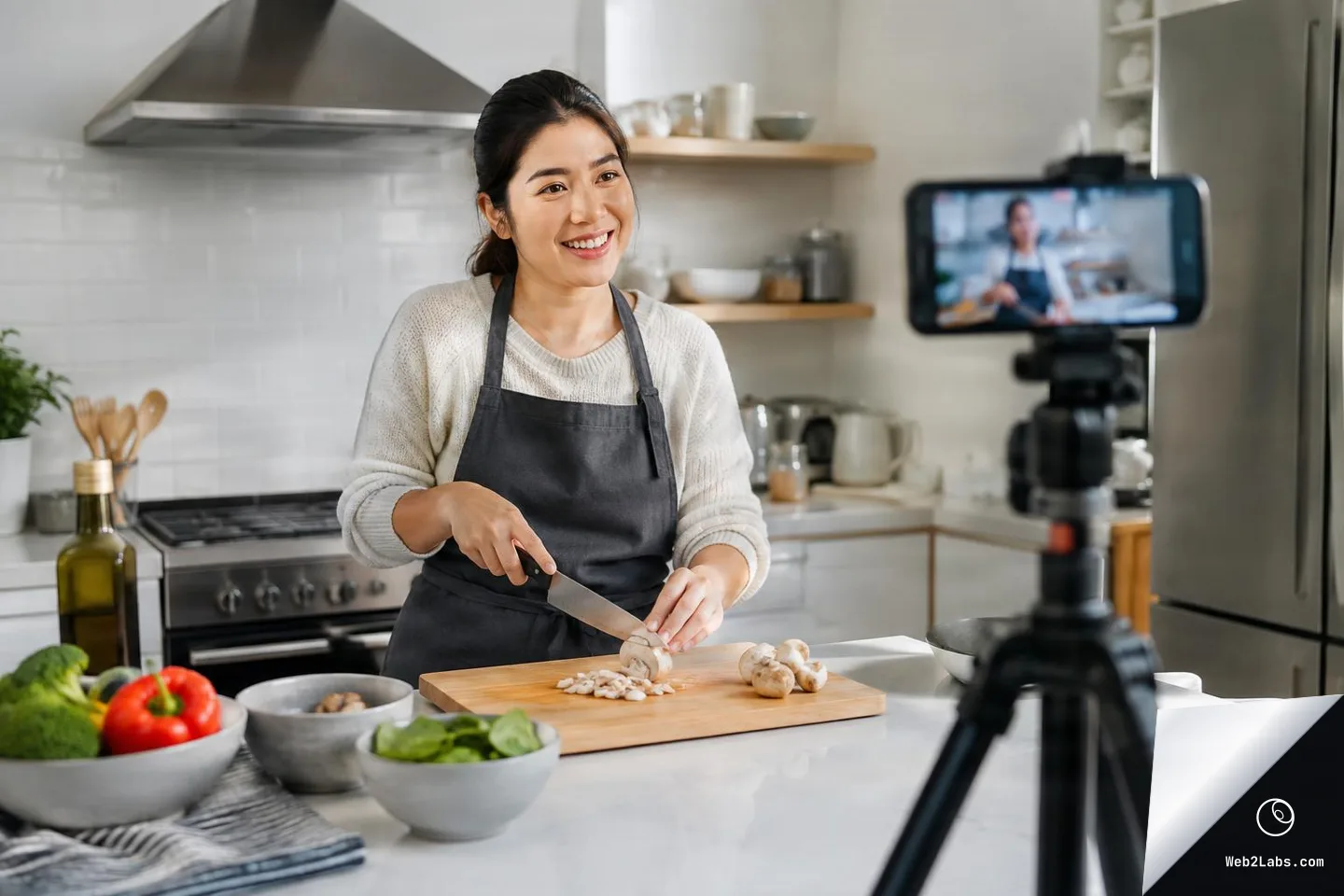 Woman in an apron smiles while slicing mushrooms on a cutting board in a bright kitchen, with a smartphone on a tripod recording in the foreground and bowls of vegetables on the counter.