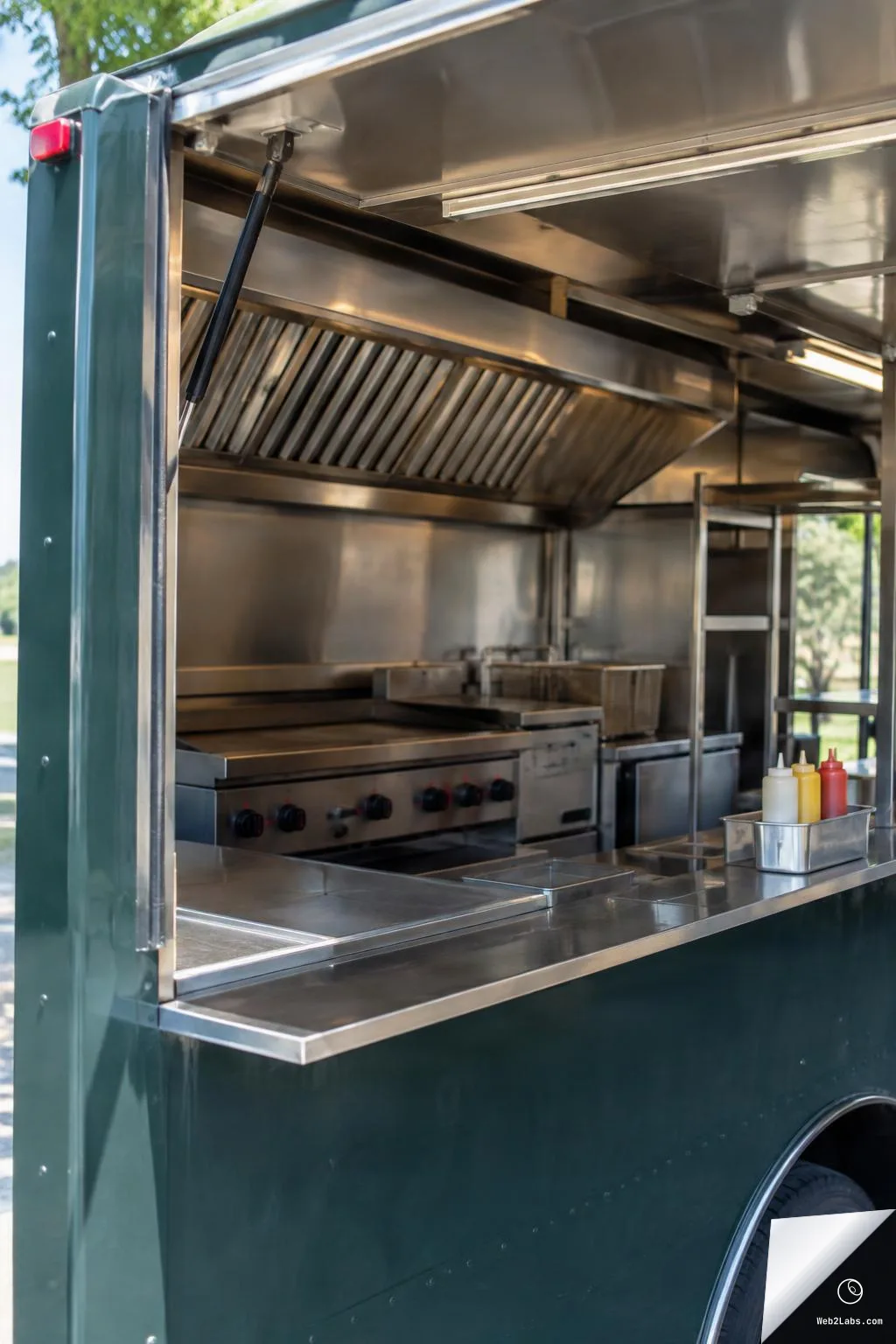 Open service window of a green food truck showing a stainless steel kitchen with vent hood, griddle, fryer baskets, and condiment squeeze bottles on the counter.