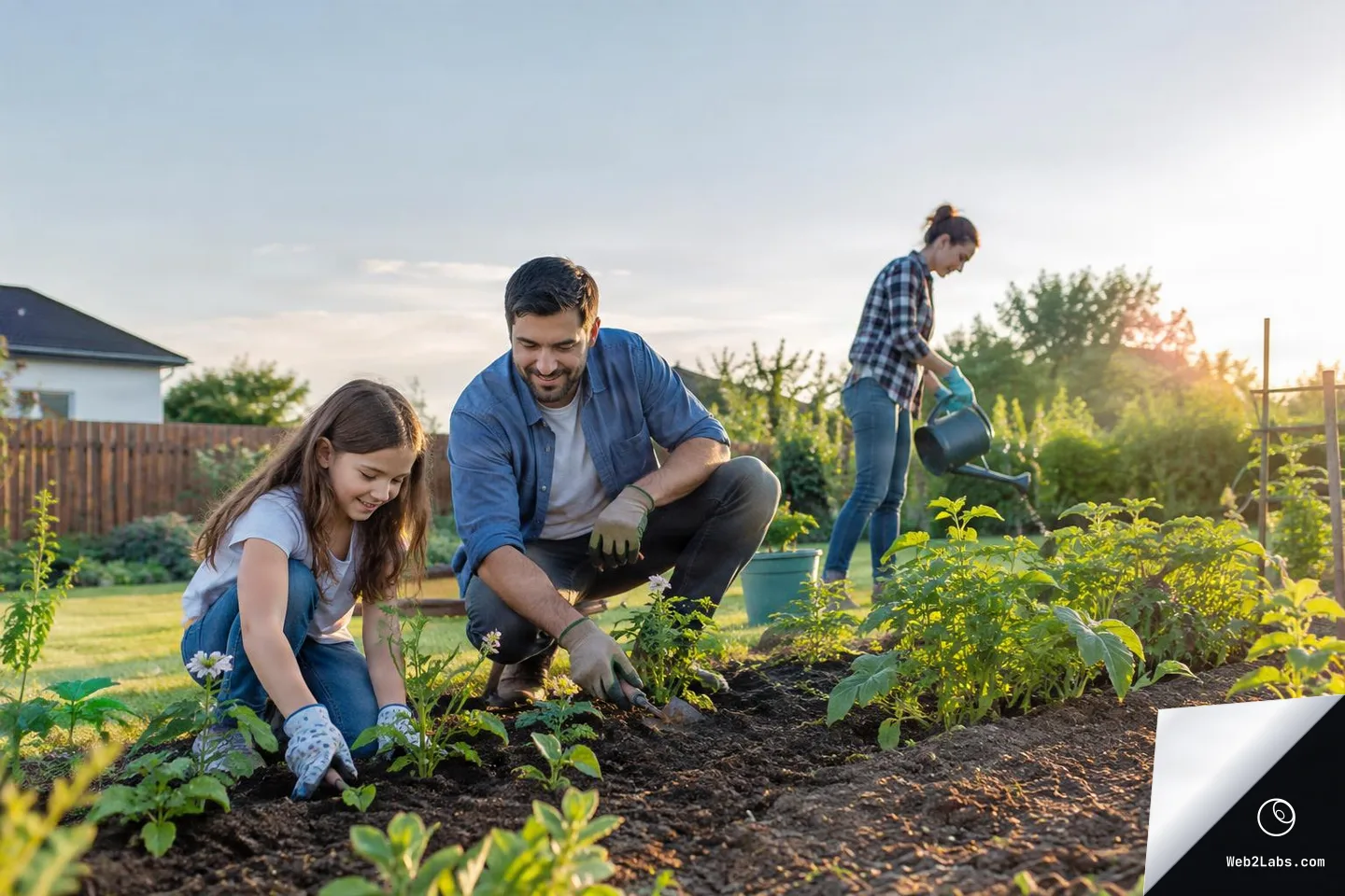 Father and young girl planting seedlings in a backyard garden bed while a woman waters plants in the background at sunset, with open sky space above for text.