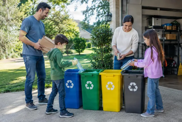 Family Sorting Recycling Bins