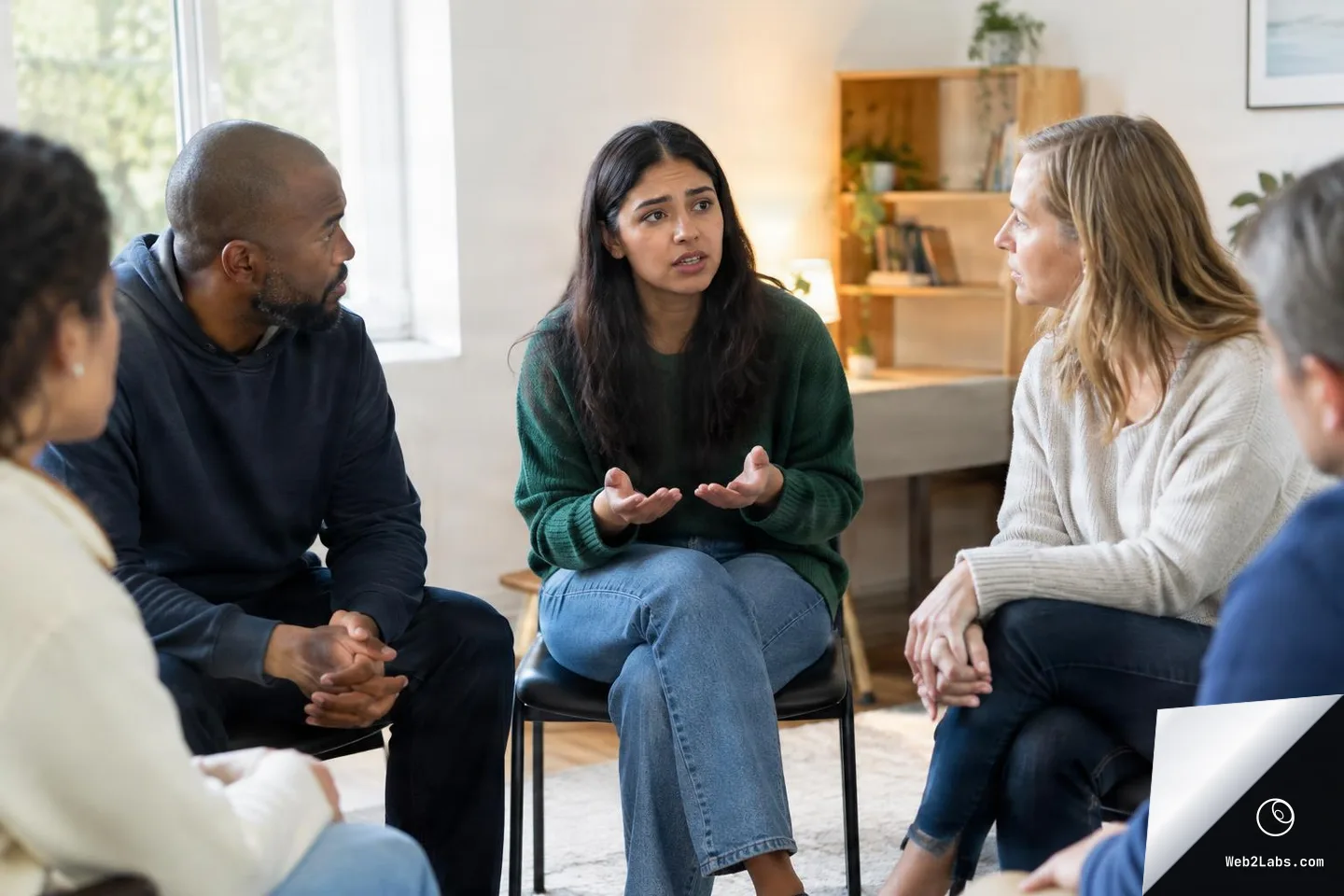 Woman in a green sweater speaks with open palms while seated in a circle with other adults in a bright room, suggesting a support group discussion.