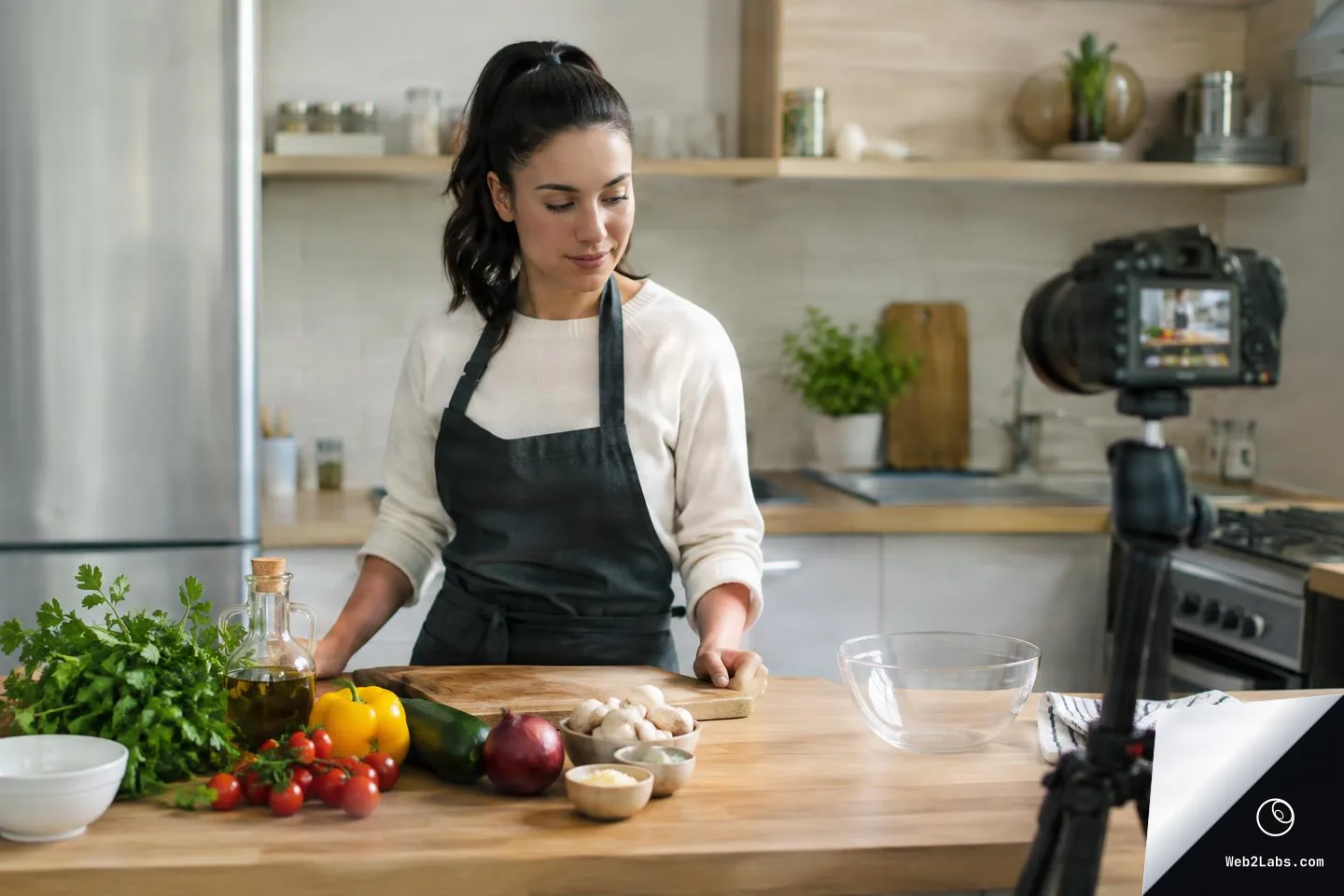 Woman in a black apron stands behind a kitchen counter with vegetables, herbs, oil, and bowls laid out, while a camera on a tripod records the setup in a bright home kitchen.