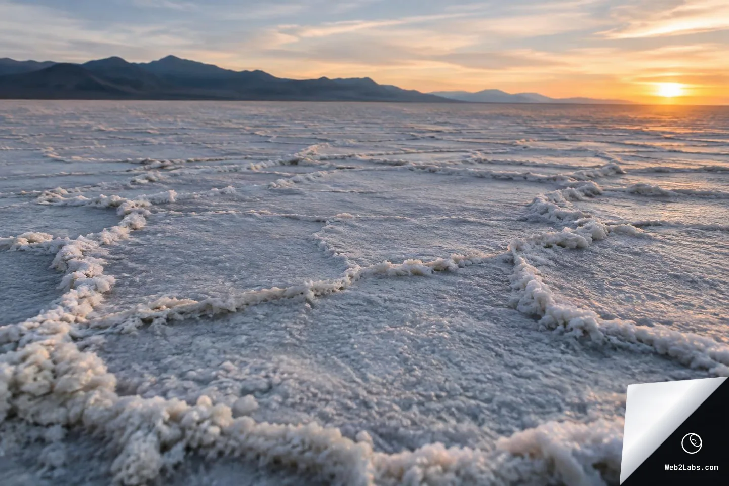 Close low-angle view of cracked salt flat with raised white salt ridges and textured surface, distant mountain range on the horizon, and the sun setting at the right under soft clouds.