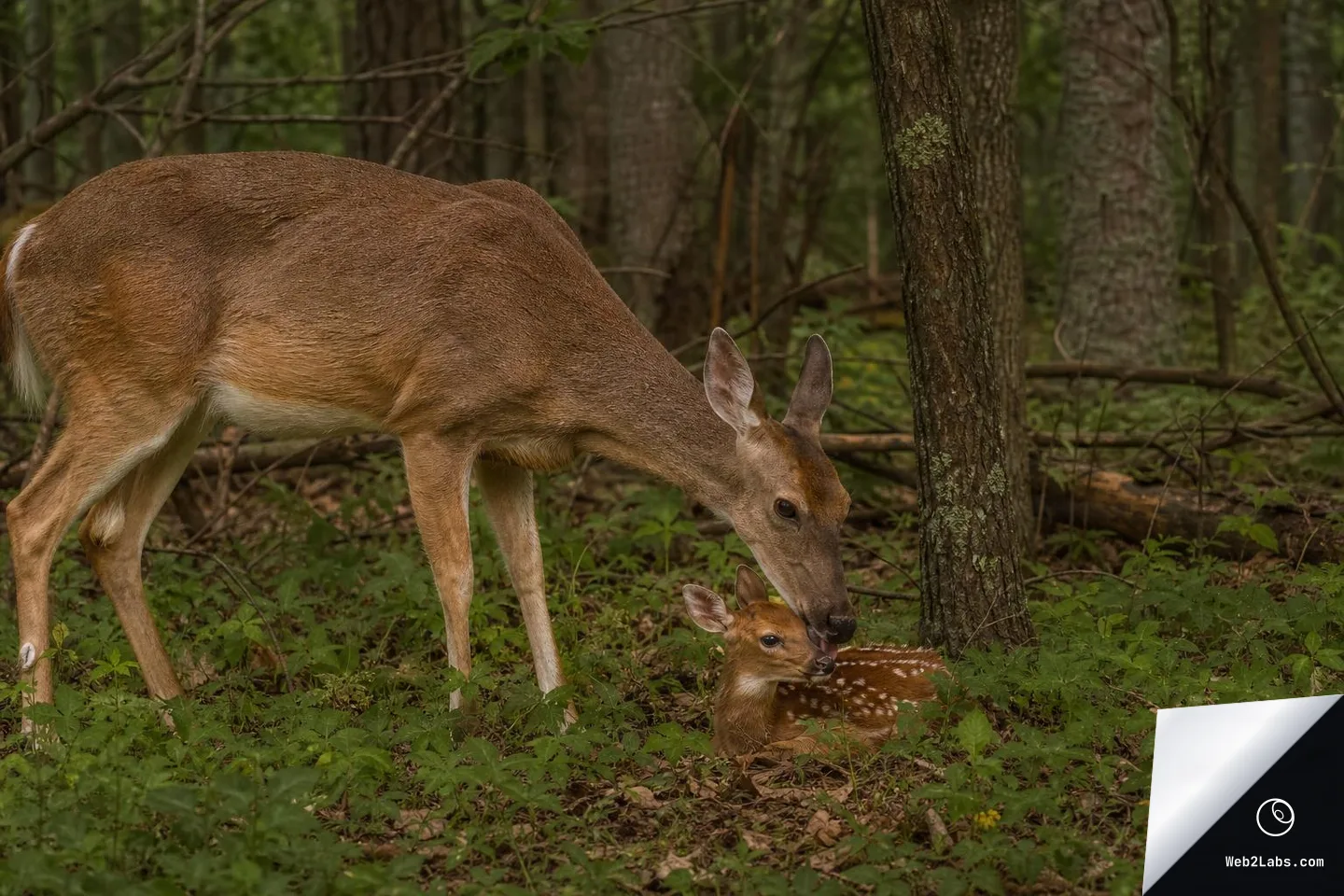 An adult deer bends down to lick and groom a spotted fawn lying in green ground cover in a quiet forest with tree trunks in the background.