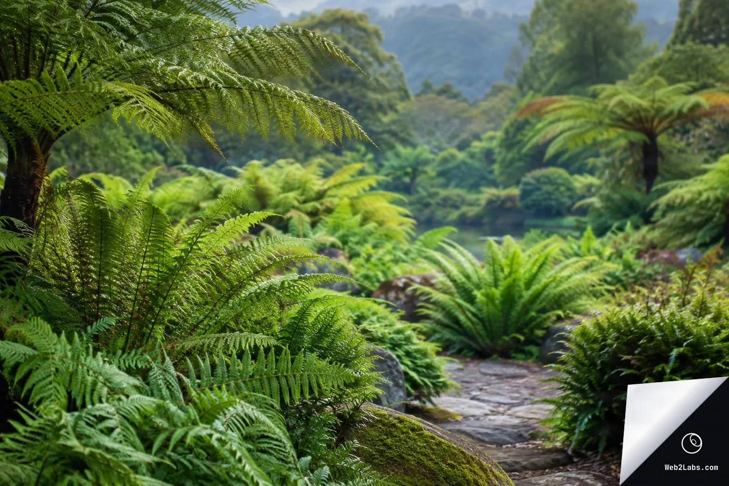 Dense green ferns and tree ferns surround a stone garden path that curves toward a small pond, with forested hills softly blurred in the background.
