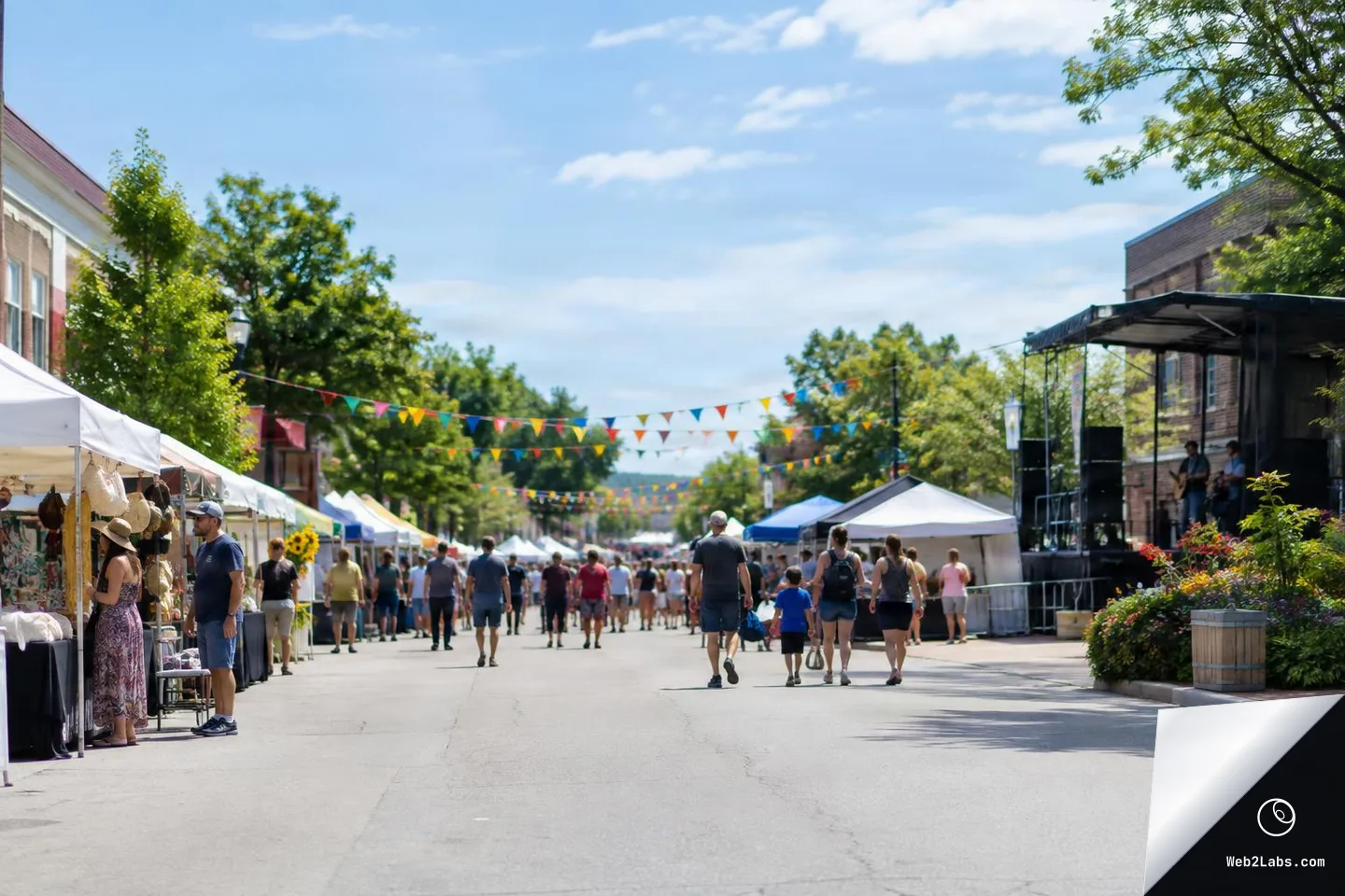 Wide shot of a sunny street festival with vendor tents on both sides, colorful bunting overhead, and people walking along a closed downtown street with a small stage on the right.