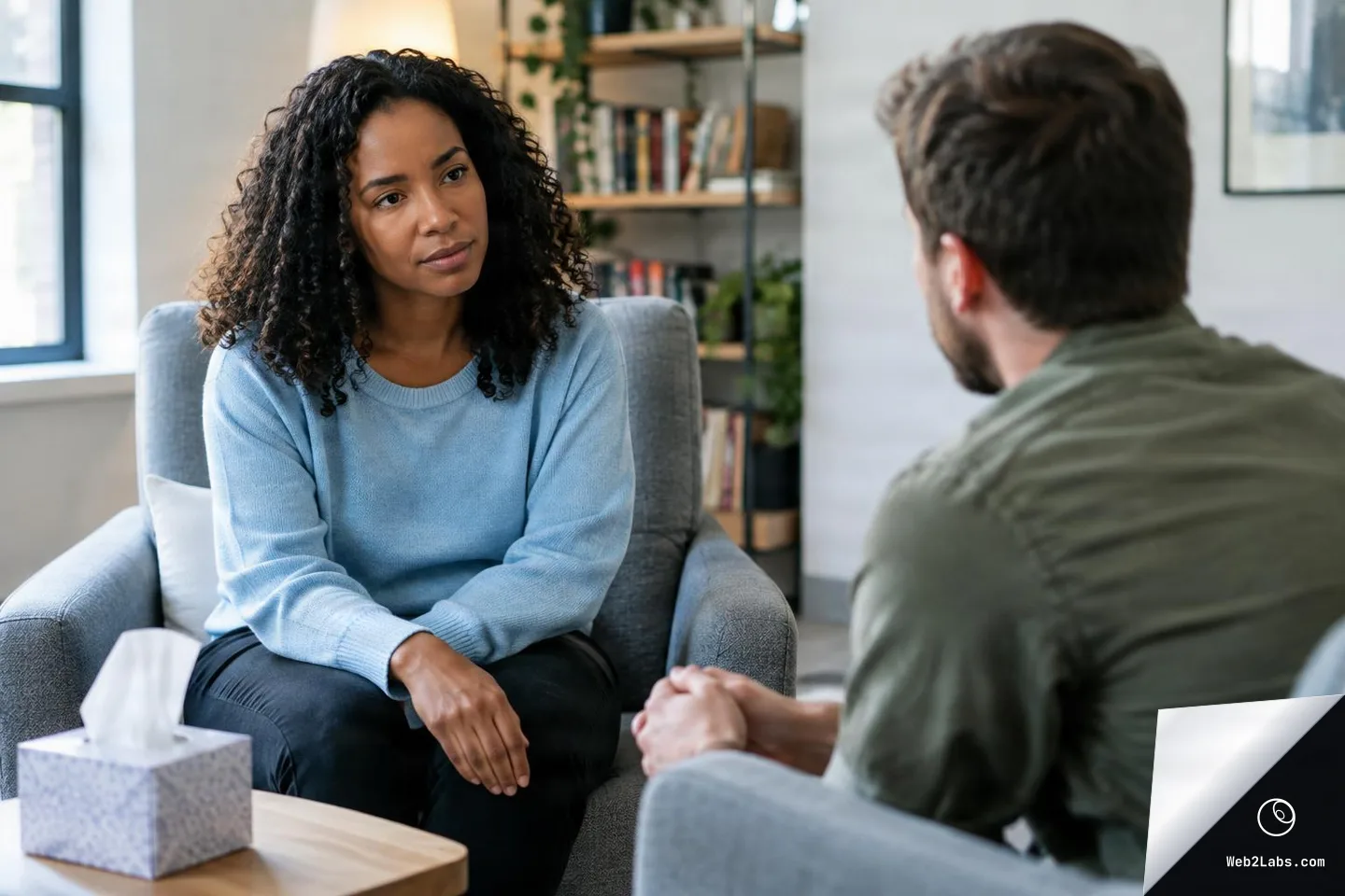 A woman sits in an armchair listening attentively to a man during a counseling session, with a tissue box on a table in the foreground and a bookshelf in the background.