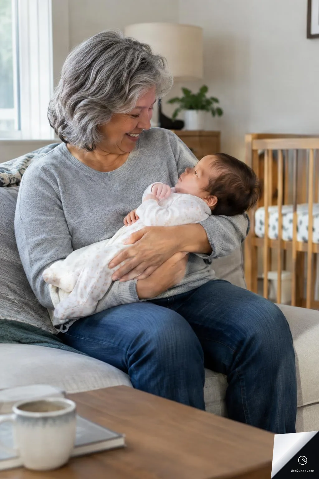 Older woman with gray hair sitting on a couch and smiling while holding a newborn baby in a onesie; a wooden crib and lamp are in the background.