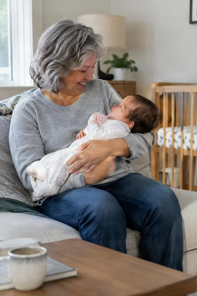 Grandmother Holding Newborn at Home