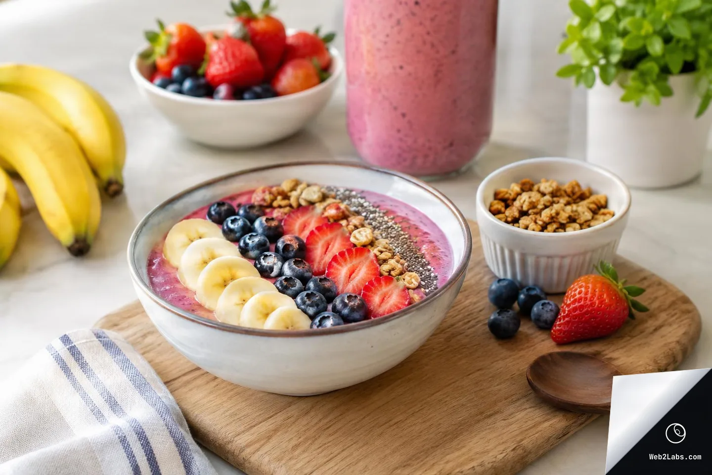 Smoothie bowl topped with banana slices, blueberries, strawberries, chia seeds, and granola on a wooden board, with a pink berry smoothie in a glass and fresh fruit in the background.