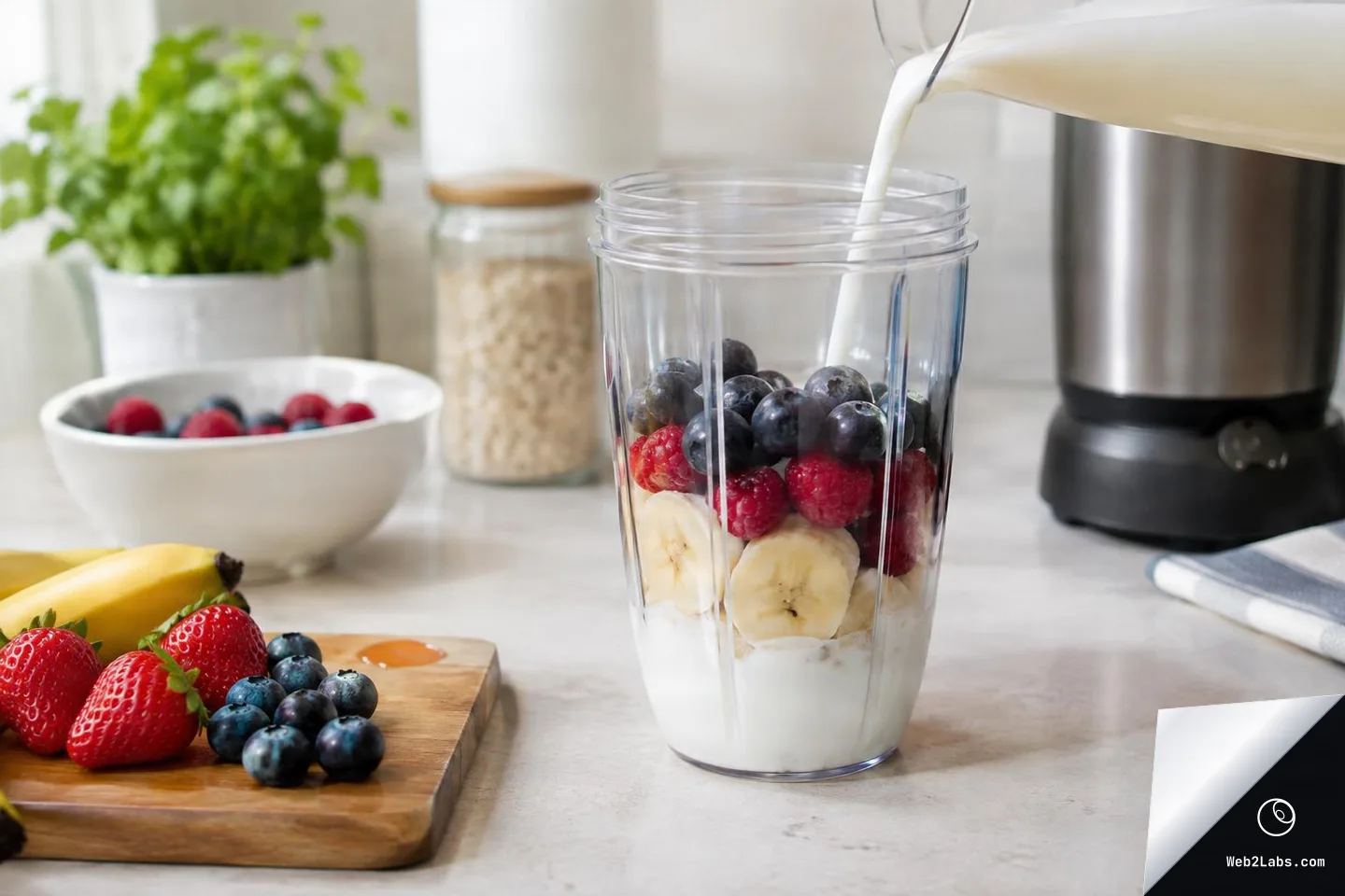 Milk being poured into a clear blender cup filled with banana slices, raspberries, and blueberries on a light kitchen counter, with fruit on a cutting board and a blender base in the background.