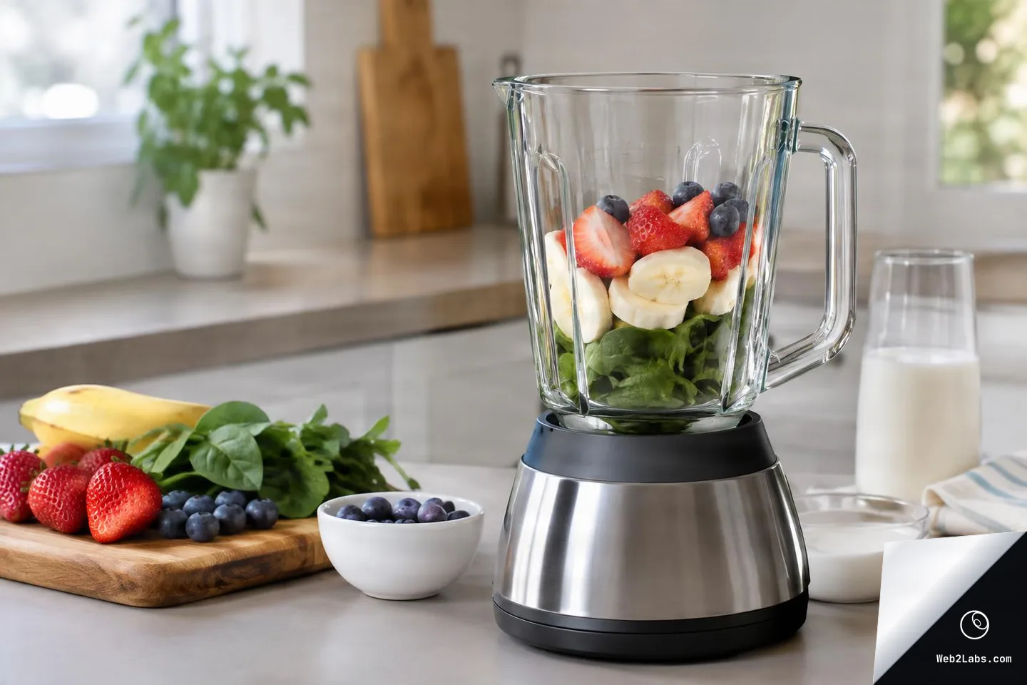 Countertop blender jar filled with spinach, banana slices, strawberries, and blueberries, with extra berries and a banana on a cutting board and milk nearby in a bright kitchen.