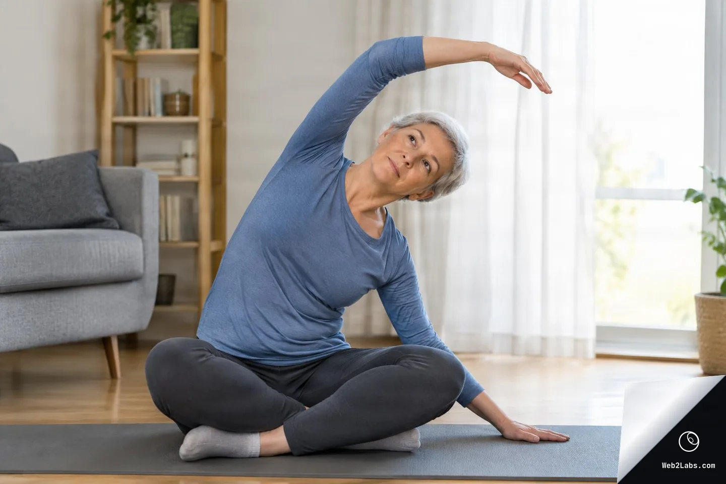 Older woman sitting cross-legged on a yoga mat in a living room, reaching one arm overhead in a gentle side stretch near a window with sheer curtains.