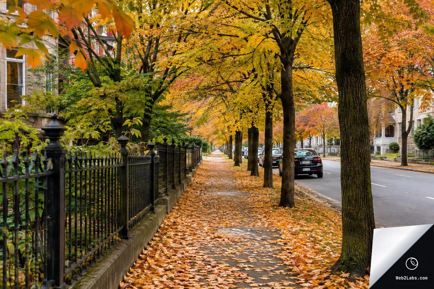 Leaf-covered sidewalk beside a black iron fence and parked cars on a quiet residential street, lined with tall trees showing yellow and orange fall foliage.