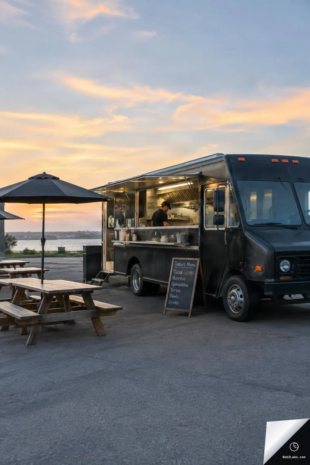 Black food truck with open kitchen window and a worker inside, a chalkboard menu sign in front, and picnic tables with umbrellas nearby under a pastel sunset sky by the water.