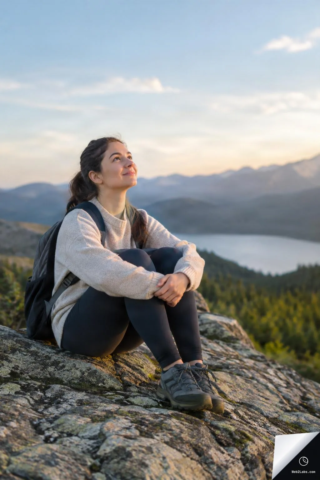 Woman hiker sitting on a rock with a backpack, looking up at the sky above a forested mountain landscape and lake at sunrise.