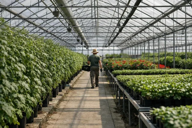 Gardener Walking Greenhouse Aisle