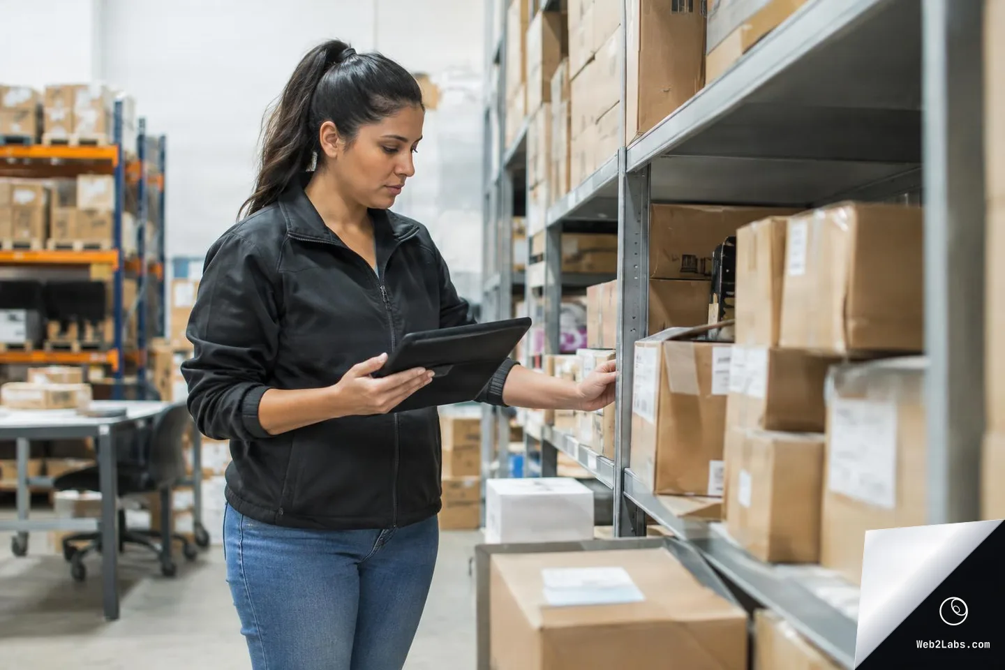Woman in a warehouse holding a tablet while checking cardboard boxes on metal storage shelves.