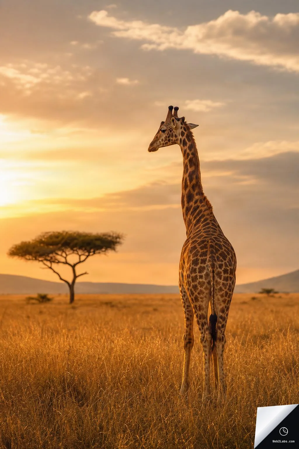 A giraffe stands in tall golden grass on the savanna at sunset, with a lone acacia tree to the left and soft clouds in a warm sky.