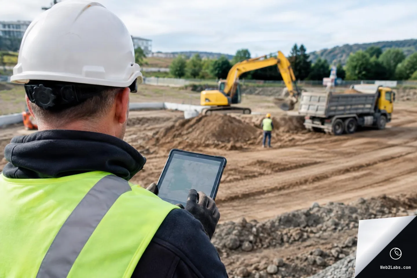 Rear view of a construction worker in a white hard hat and hi-vis vest holding a tablet, looking toward an excavator loading a dump truck at a dirt construction site.