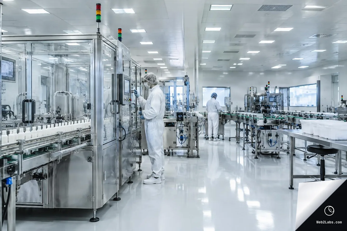 Wide view of a clean manufacturing room with stainless-steel enclosed machines and a conveyor of small white bottles; two workers in white cleanroom suits and hairnets monitor the line under bright ceiling lights.