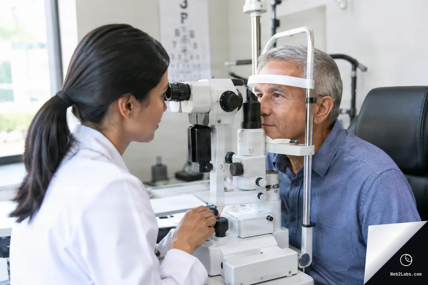 Optometrist in a white coat examines an older man using a slit-lamp microscope in an eye clinic exam room with an eye chart in the background.
