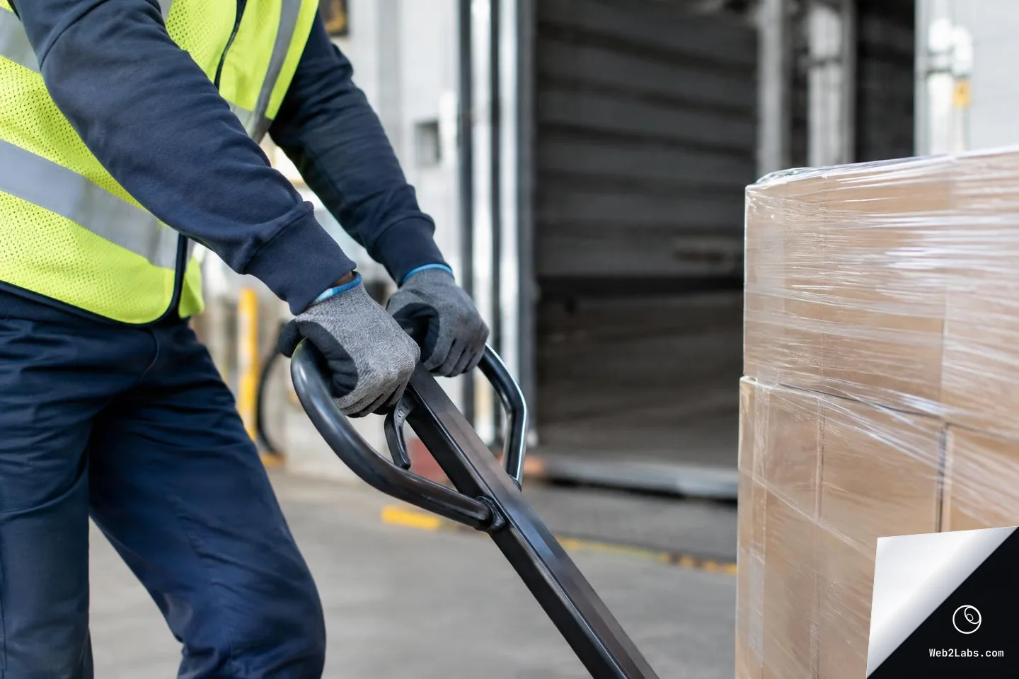 Close-up of a warehouse worker in a high-visibility vest gripping a pallet jack handle beside a shrink-wrapped pallet of boxes near a loading dock door.