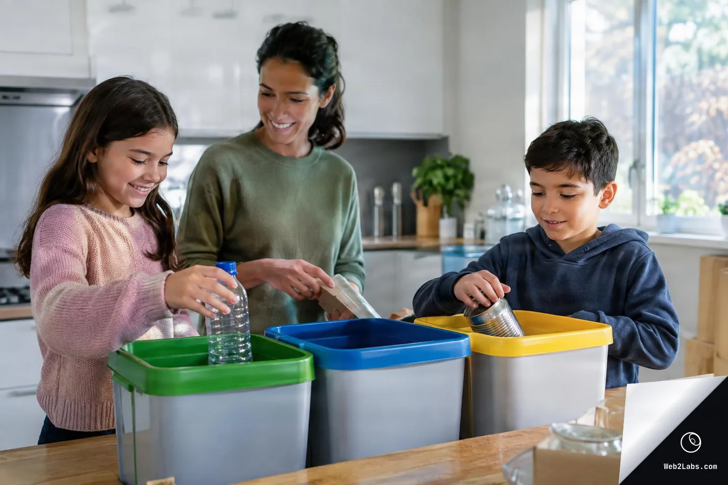 A woman and two children sort a plastic bottle, cardboard, and a metal can into three color-lidded recycling bins on a kitchen counter.